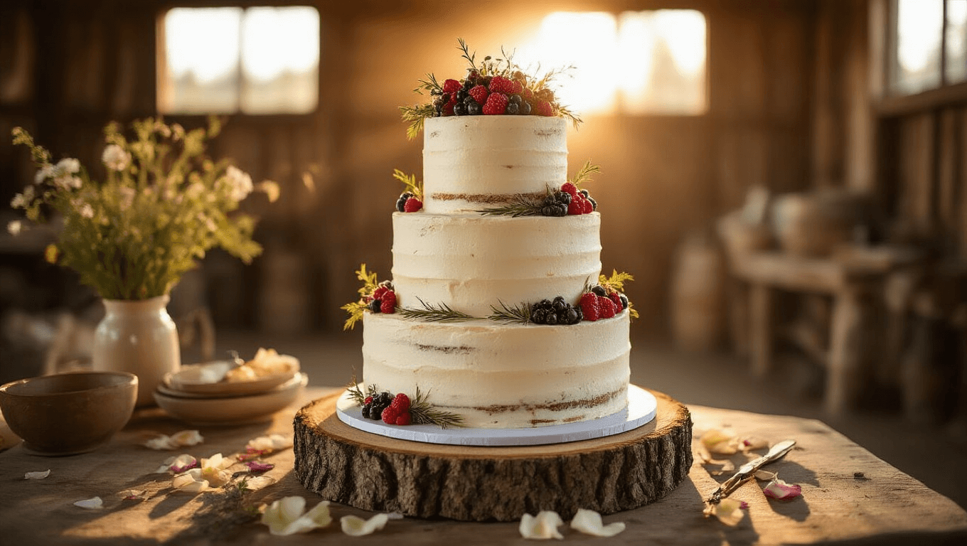 A three-tiered rustic wedding cake with semi-naked buttercream layers, adorned with wild berries and edible flowers, set in a sunlit barn with wooden beams and fairy lights.