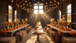 A rustic barn interior decorated for a fall birthday celebration, featuring long harvest tables with burnt orange runners, mini pumpkins, sunflowers, and a stunning naked cake, illuminated by warm Edison bulbs and natural sunlight.