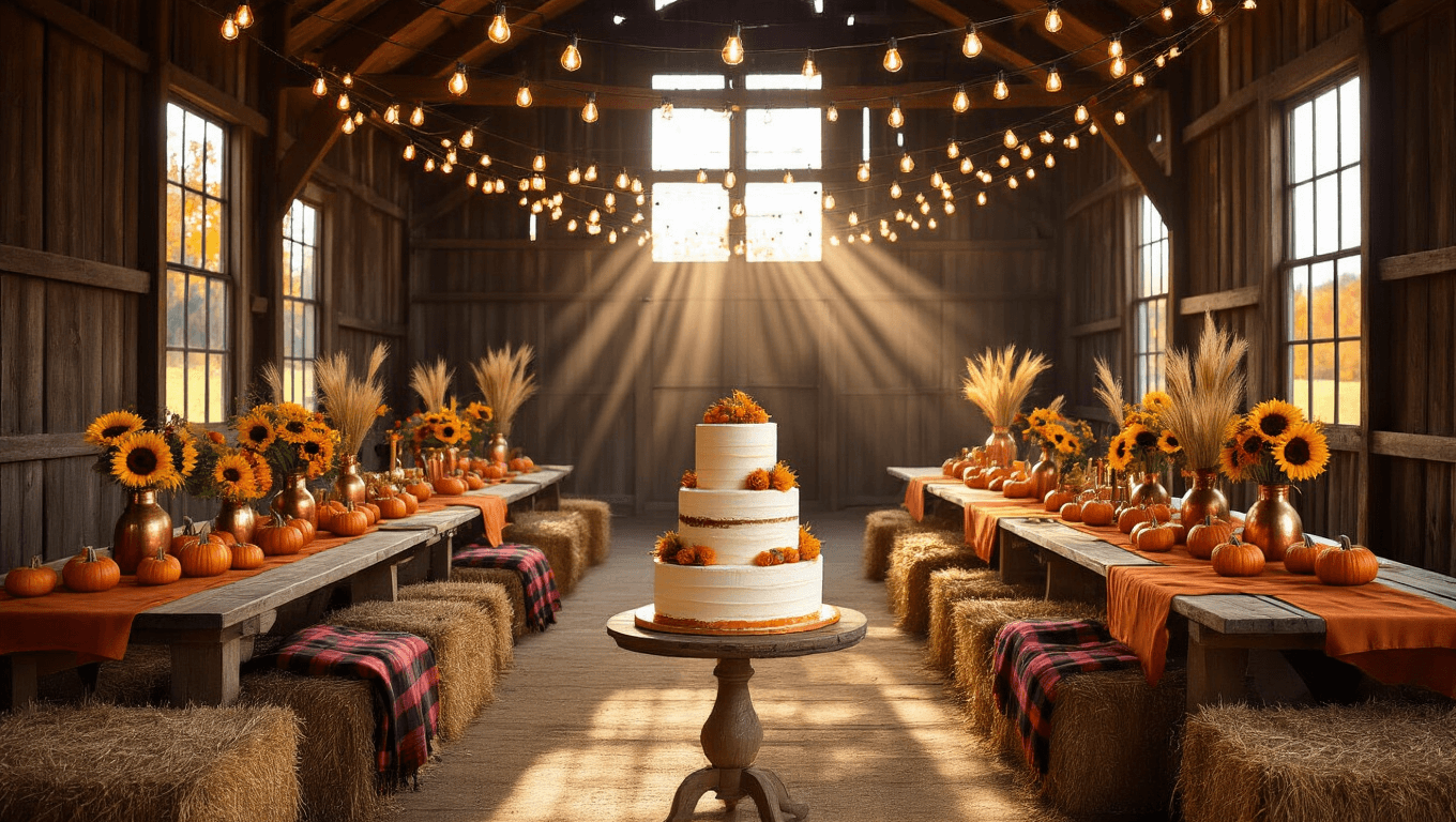 A rustic barn interior decorated for a fall birthday celebration, featuring long harvest tables with burnt orange runners, mini pumpkins, sunflowers, and a stunning naked cake, illuminated by warm Edison bulbs and natural sunlight.