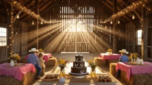A rustic barn party scene at golden hour, featuring sunlight beams, fairy lights, hay bale seating with red gingham tablecloths, a dessert table with a tiered chocolate cake, children playing with stick horses, and vintage Western decor, all captured in rich, hyperrealistic detail.