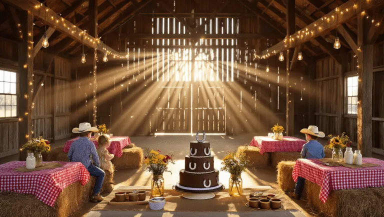 A rustic barn party scene at golden hour, featuring sunlight beams, fairy lights, hay bale seating with red gingham tablecloths, a dessert table with a tiered chocolate cake, children playing with stick horses, and vintage Western decor, all captured in rich, hyperrealistic detail.