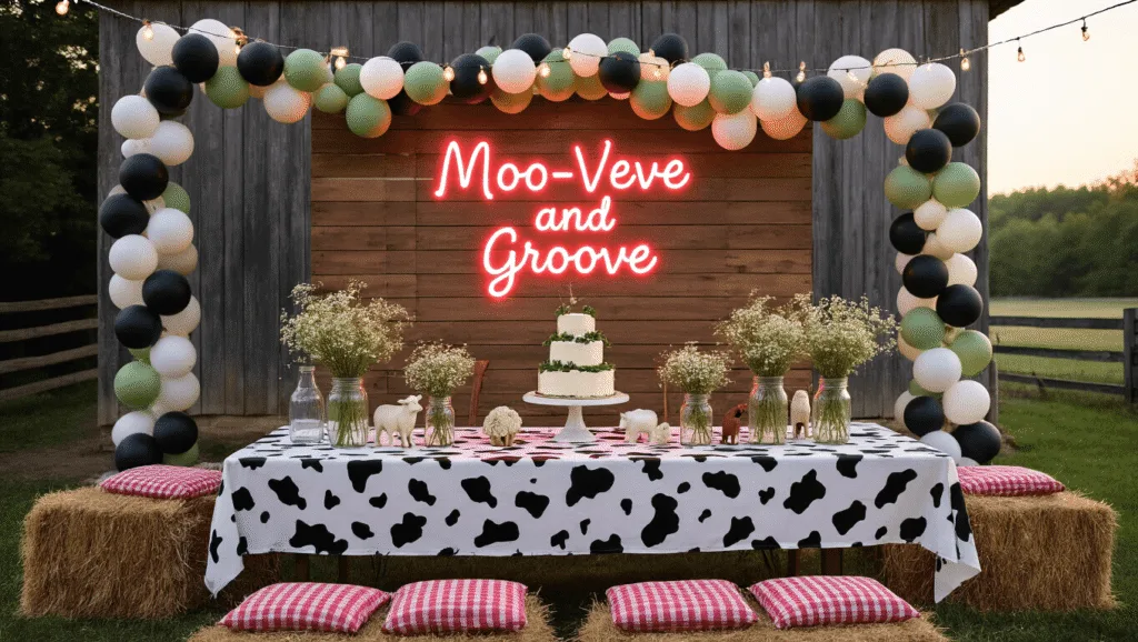 A dreamy outdoor birthday party at golden hour with a rustic barn backdrop, featuring a cow print tablecloth, string lights, mason jar centerpieces, and a pink neon "Moo-ve and Groove" sign, all bathed in warm sunlight.