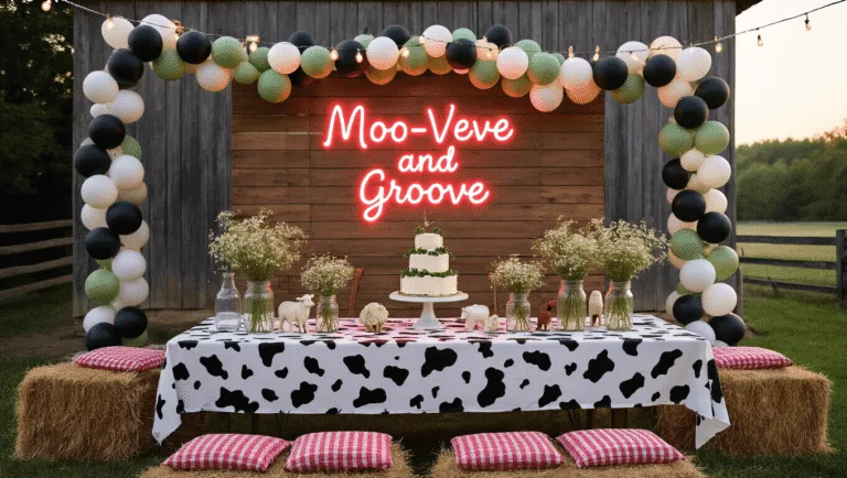 A dreamy outdoor birthday party at golden hour with a rustic barn backdrop, featuring a cow print tablecloth, string lights, mason jar centerpieces, and a pink neon "Moo-ve and Groove" sign, all bathed in warm sunlight.