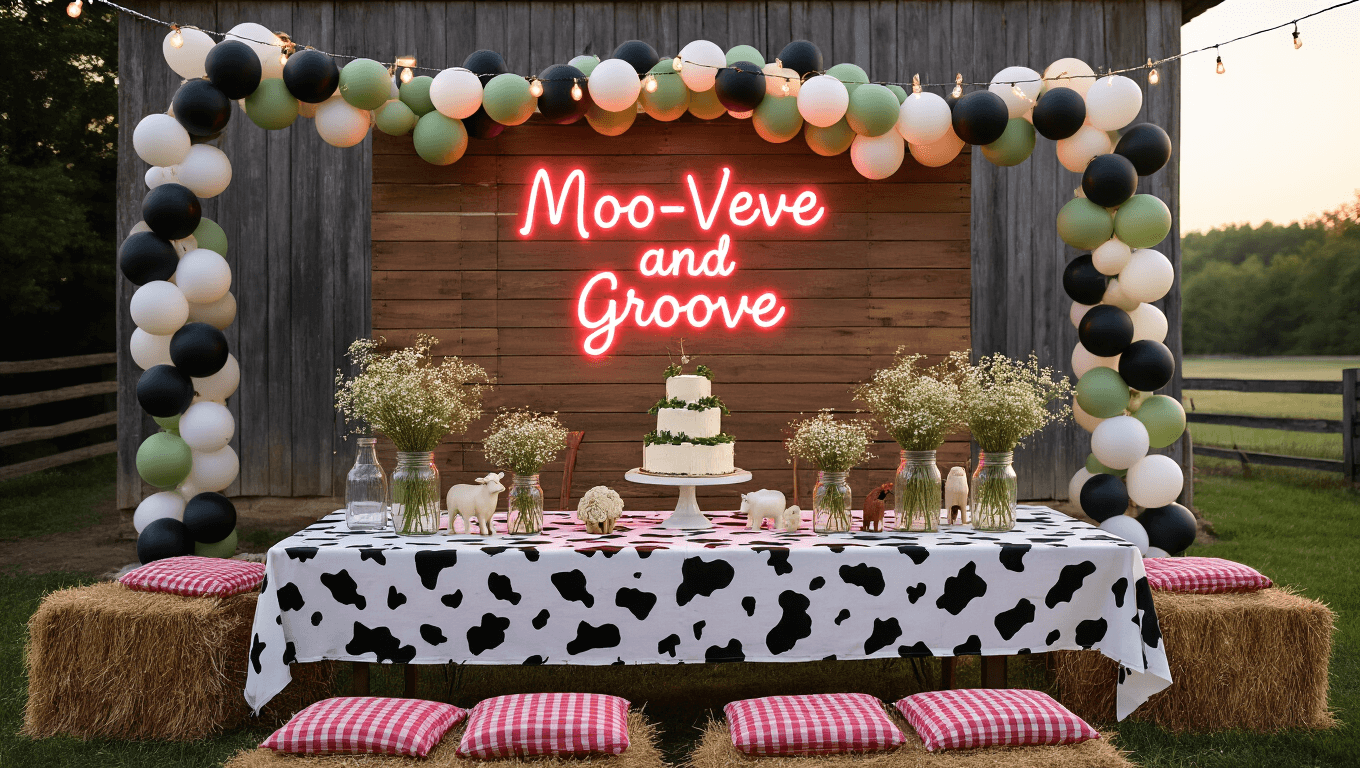 A dreamy outdoor birthday party at golden hour with a rustic barn backdrop, featuring a cow print tablecloth, string lights, mason jar centerpieces, and a pink neon "Moo-ve and Groove" sign, all bathed in warm sunlight.