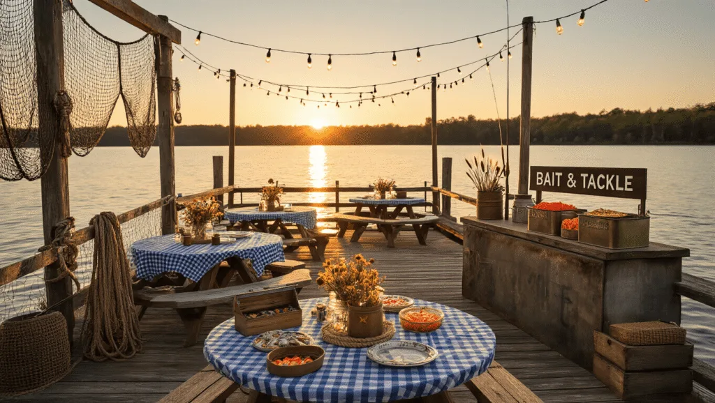 A rustic lakeside birthday party at golden hour, featuring a decorated dock with fairy lights, picnic tables with gingham cloths, and a "Bait & Tackle" snack station.