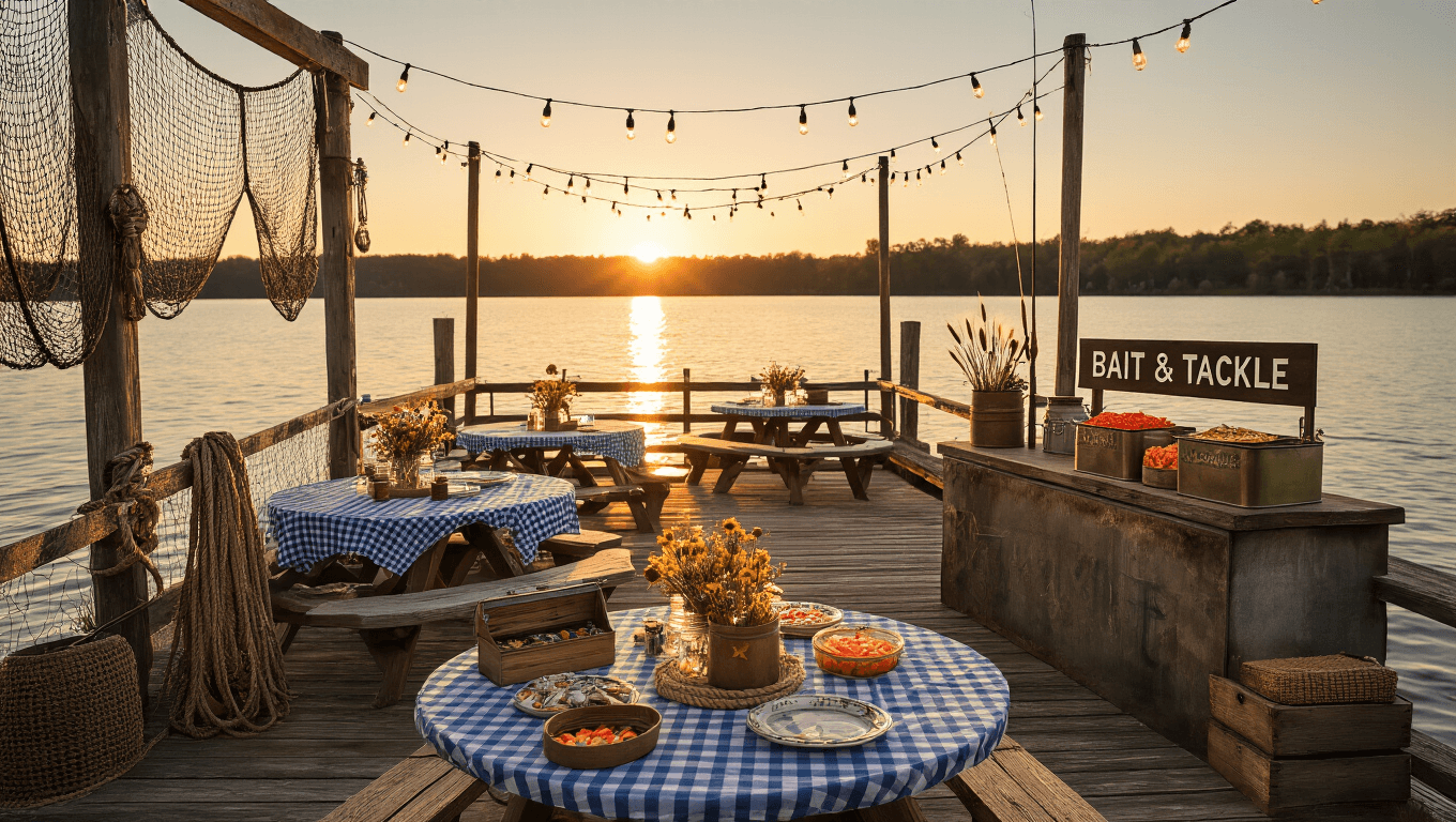 A rustic lakeside birthday party at golden hour, featuring a decorated dock with fairy lights, picnic tables with gingham cloths, and a "Bait & Tackle" snack station.