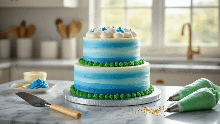 A photorealistic two-layer royal blue birthday cake on a metallic turntable, decorated with smooth gradient buttercream, white fondant clouds, and golden accents; set in a pristine kitchen with natural light and artistic arrangement of cake decorating tools.