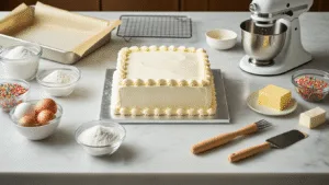 A pristine 9-inch square cake with smooth white buttercream frosting, surrounded by organized baking ingredients and professional tools in a softly lit kitchen.