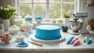 Stitch Birthday Cake: The Ultimate Disney Character Cake Guide A professional bakery workspace with a round cake covered in azure blue fondant, surrounded by organized bowls of ingredients, mixing equipment, and decorating tools, all bathed in soft natural light.