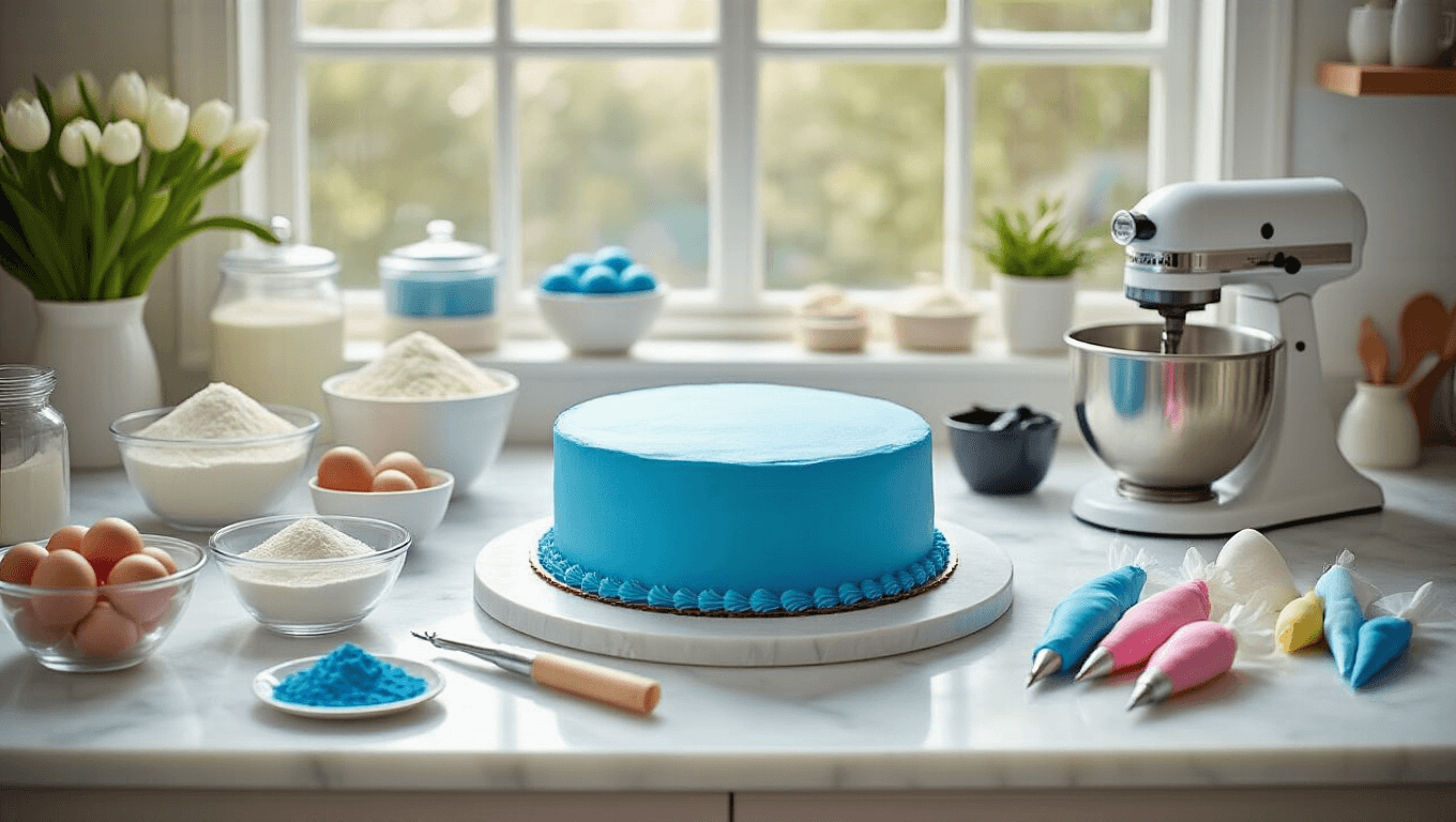 A professional bakery workspace with a round cake covered in azure blue fondant, surrounded by organized bowls of ingredients, mixing equipment, and decorating tools, all bathed in soft natural light.