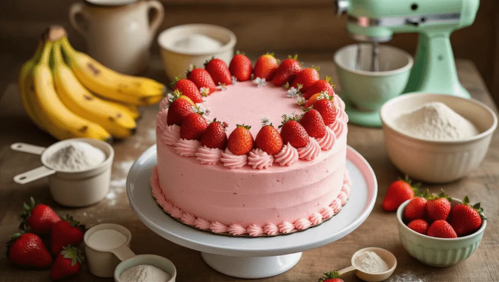 Overhead view of a rustic kitchen with a 6-inch pink smash cake adorned with strawberries and edible flowers on a white ceramic stand, surrounded by baking ingredients in soft focus, illuminated by warm natural sunlight.