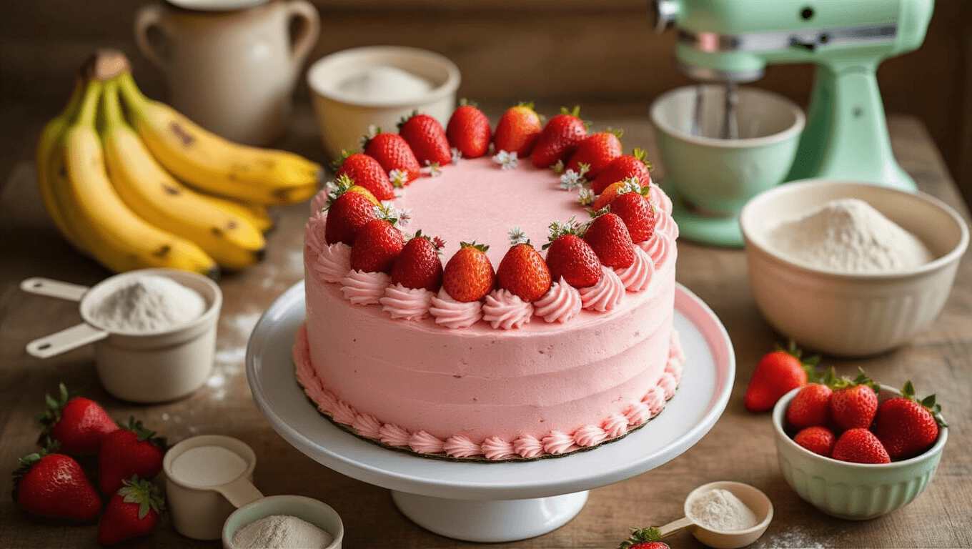 Overhead view of a rustic kitchen with a 6-inch pink smash cake adorned with strawberries and edible flowers on a white ceramic stand, surrounded by baking ingredients in soft focus, illuminated by warm natural sunlight.