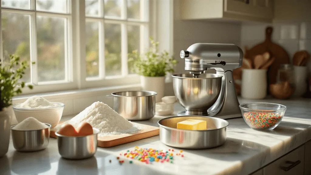 A sunlit modern kitchen scene featuring a marble countertop with neatly arranged baking ingredients, including flour, sugar, eggs, and butter, alongside stainless steel measuring cups and mixing bowls. Two greased cake pans and a chrome electric mixer add to the setup, with rainbow sprinkles in a glass bowl for color. The composition highlights soft shadows and crisp details in a high-end food photography style.