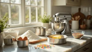 A sunlit modern kitchen scene featuring a marble countertop with neatly arranged baking ingredients, including flour, sugar, eggs, and butter, alongside stainless steel measuring cups and mixing bowls. Two greased cake pans and a chrome electric mixer add to the setup, with rainbow sprinkles in a glass bowl for color. The composition highlights soft shadows and crisp details in a high-end food photography style.