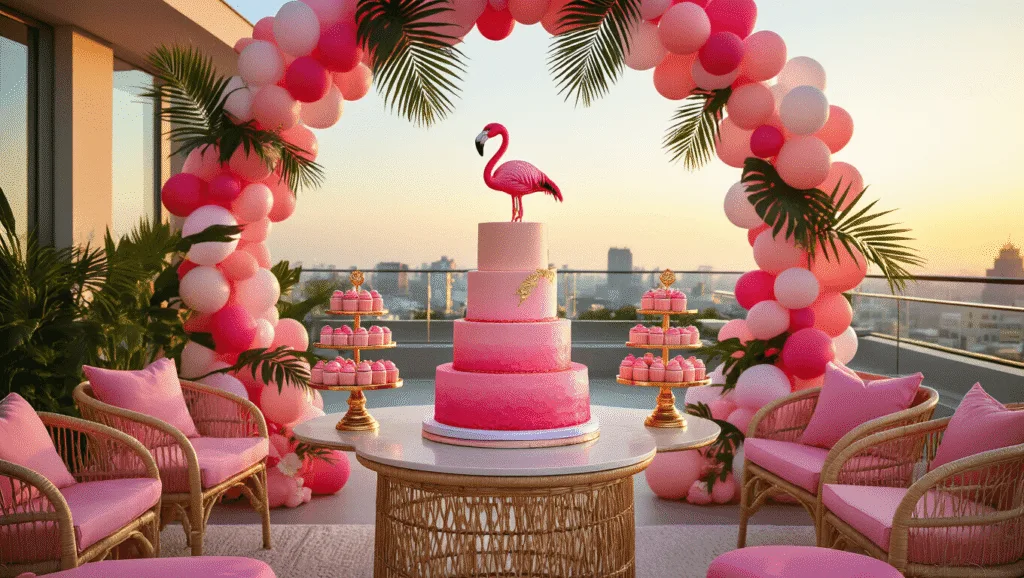 A luxurious rooftop terrace party setup at golden hour with a pink ombré cake, tropical decorations, and glowing fairy lights, featuring rattan furniture and a neon "Let's Flamingle" sign.