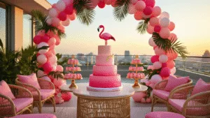 Let's Flamingle: The Ultimate Flamingo Birthday Party Guide for Tropical Glam Celebrations A luxurious rooftop terrace party setup at golden hour with a pink ombré cake, tropical decorations, and glowing fairy lights, featuring rattan furniture and a neon "Let's Flamingle" sign.