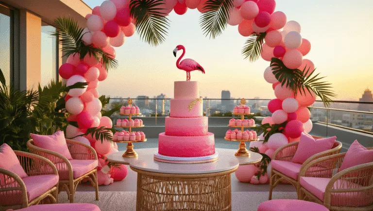 A luxurious rooftop terrace party setup at golden hour with a pink ombré cake, tropical decorations, and glowing fairy lights, featuring rattan furniture and a neon "Let's Flamingle" sign.