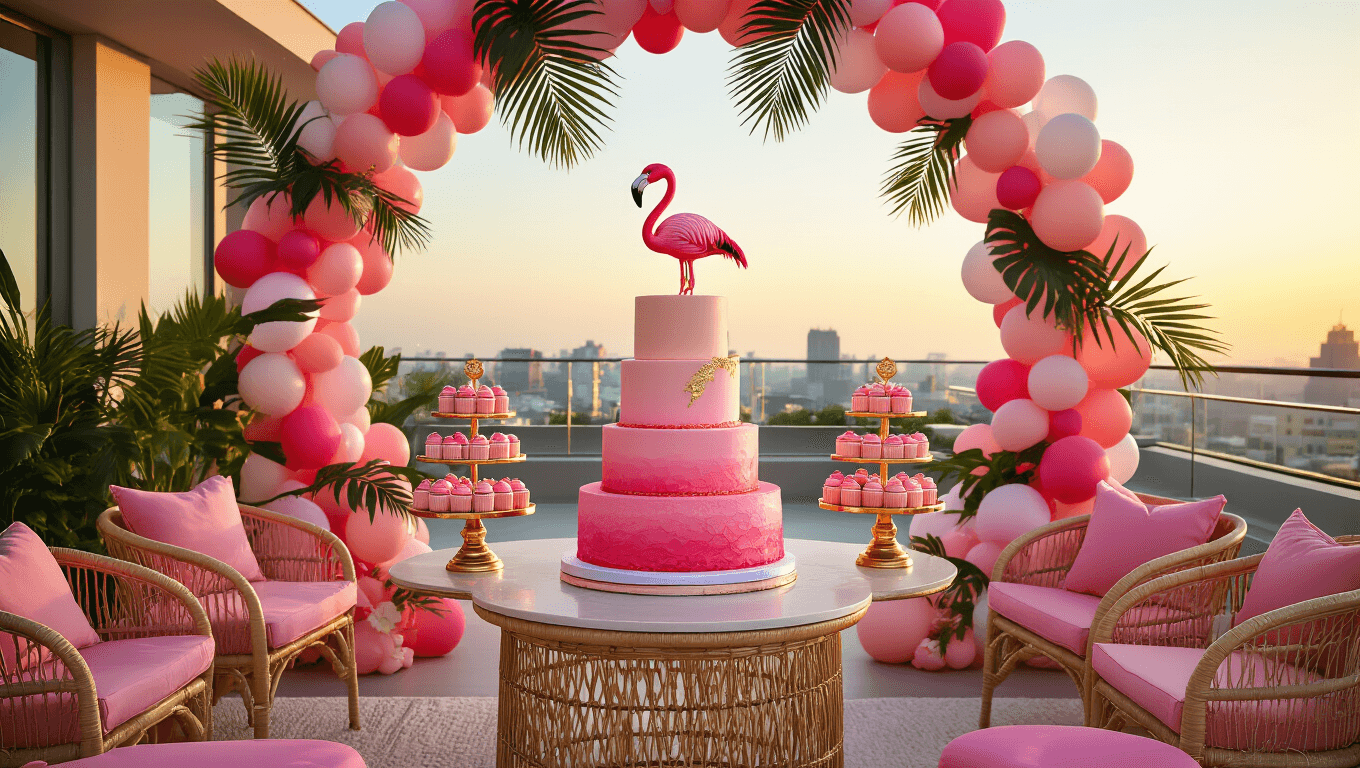 A luxurious rooftop terrace party setup at golden hour with a pink ombré cake, tropical decorations, and glowing fairy lights, featuring rattan furniture and a neon "Let's Flamingle" sign.