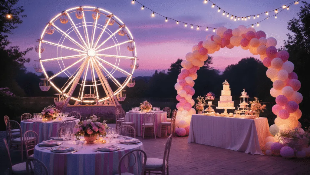 A magical twilight outdoor birthday party featuring a vintage illuminated ferris wheel, elegant tables adorned with pastel linens and whimsical centerpieces, twinkling fairy lights overhead, and a dessert table with a metallic-accented cake amid soft pastel balloon decor.