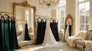 Elegant bridal boutique interior with velvet bridesmaid gowns in emerald and sapphire, gold hangers, crystal chandelier, warm afternoon light, cream faux fur wraps, vintage mirrors, and plush seating.