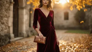 Model in a burgundy velvet midi dress in a historic stone courtyard at golden hour, with autumn leaves and warm light creating a romantic atmosphere.