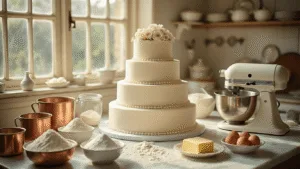 A beautifully staged vintage kitchen workspace with a three-tiered wedding cake in progress, surrounded by antique measuring cups, flour, eggs, and sugar. The scene features a cream-colored KitchenAid mixer, ornate piping tools, and delicate sugar flowers, all bathed in soft natural light from Victorian windows.