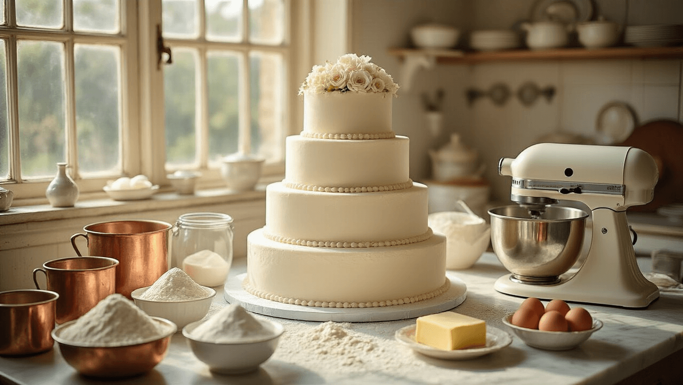 A beautifully staged vintage kitchen workspace with a three-tiered wedding cake in progress, surrounded by antique measuring cups, flour, eggs, and sugar. The scene features a cream-colored KitchenAid mixer, ornate piping tools, and delicate sugar flowers, all bathed in soft natural light from Victorian windows.