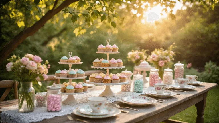 Cinematic wide-angle shot of a vintage garden cupcake party setup, featuring rustic tables with lace tablecloths, antique cake stands with cupcakes, pastel frostings in mason jars, and delicate china decorations, all illuminated by golden hour light and ethereal fairy lights.