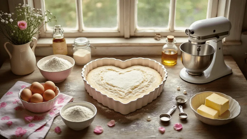 Overhead shot of a rustic kitchen scene with a heart-shaped vintage cake pan surrounded by baking ingredients like fresh eggs, butter, and flour in antique bowls, illuminated by natural sunlight. Soft pastel colors, vintage tea towels, and fresh rose petals enhance the charming atmosphere.