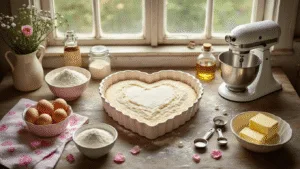 Overhead shot of a rustic kitchen scene with a heart-shaped vintage cake pan surrounded by baking ingredients like fresh eggs, butter, and flour in antique bowls, illuminated by natural sunlight. Soft pastel colors, vintage tea towels, and fresh rose petals enhance the charming atmosphere.