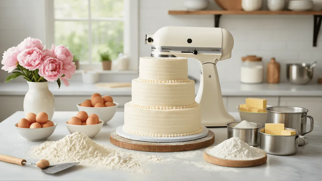 A professional bakery scene featuring a marble countertop with scattered flour and baking tools, including a KitchenAid mixer and arranged ingredients for an elegant tiered wedding cake, illuminated by soft morning light with fresh peonies as decorations.