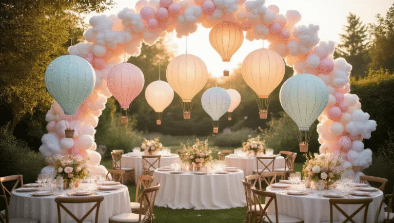 A whimsical outdoor garden party scene at golden hour, featuring pastel hot air balloons, a balloon arch, fairy lights, and a dessert table with a tiered cake, all captured in soft focus for a dreamy atmosphere.