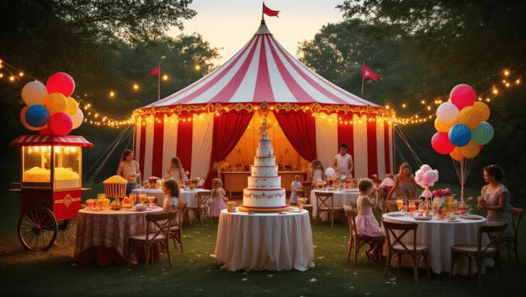 A whimsical carnival party in a backyard at golden hour, featuring a red and white striped circus tent, vintage party decor, warm string lights, a vintage popcorn cart, children playing games, and a stunning tiered circus-themed cake, all captured in a dreamy, softly lit atmosphere.