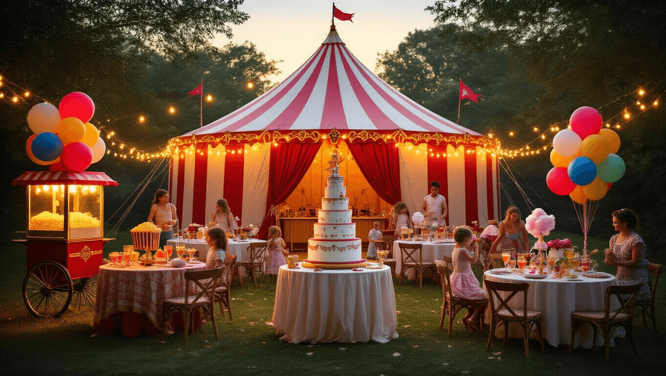 A whimsical carnival party in a backyard at golden hour, featuring a red and white striped circus tent, vintage party decor, warm string lights, a vintage popcorn cart, children playing games, and a stunning tiered circus-themed cake, all captured in a dreamy, softly lit atmosphere.