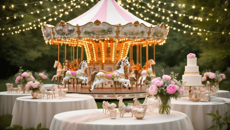 A dreamy garden party setup at golden hour, featuring a vintage carousel centerpiece, fairy lights, round tables with tulle overlays, and a tiered cake, all enhanced by soft bokeh and ethereal lighting.