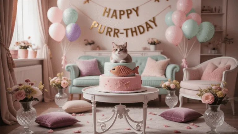 A whimsical living room adorned for a cat birthday celebration, featuring a tiered fish-shaped cake on a white dessert cart, pastel decorations, floating balloons, a "Happy Purr-thday" banner, and cozy floral arrangements, illuminated by warm fairy lights and natural sunlight.