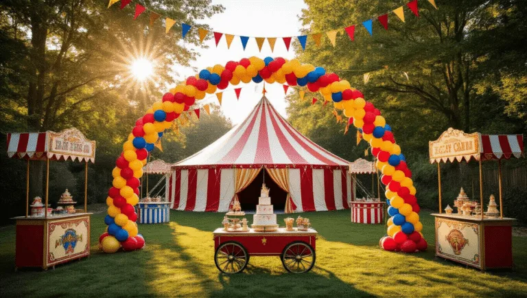 A vibrant backyard circus birthday party featuring a large red and white striped tent, colorful balloon arch, vintage carnival games, and a festive dessert table, all illuminated by golden hour light. Children in circus attire play with oversized props under a canopy of string lights.
