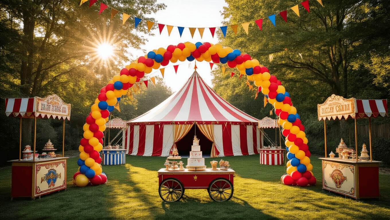 A vibrant backyard circus birthday party featuring a large red and white striped tent, colorful balloon arch, vintage carnival games, and a festive dessert table, all illuminated by golden hour light. Children in circus attire play with oversized props under a canopy of string lights.