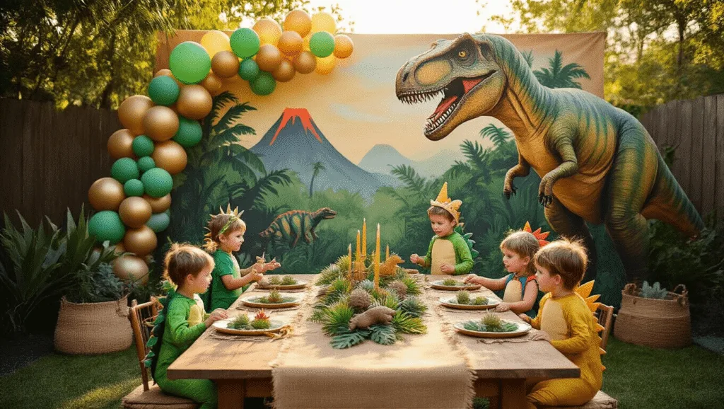 A whimsical dinosaur-themed birthday party in a sunlit backyard, featuring a hand-painted dinosaur backdrop, a rustic table with succulent centerpieces, children in colorful costumes playing around an inflatable T-Rex, and various prehistoric activity stations, all illuminated by warm string lights and surrounded by natural textures.