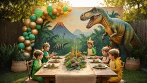 A whimsical dinosaur-themed birthday party in a sunlit backyard, featuring a hand-painted dinosaur backdrop, a rustic table with succulent centerpieces, children in colorful costumes playing around an inflatable T-Rex, and various prehistoric activity stations, all illuminated by warm string lights and surrounded by natural textures.