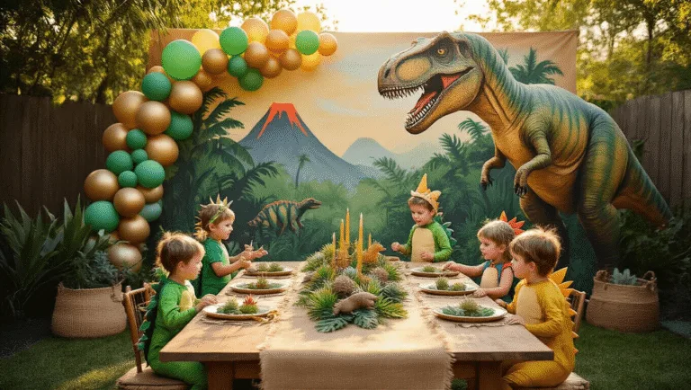 A whimsical dinosaur-themed birthday party in a sunlit backyard, featuring a hand-painted dinosaur backdrop, a rustic table with succulent centerpieces, children in colorful costumes playing around an inflatable T-Rex, and various prehistoric activity stations, all illuminated by warm string lights and surrounded by natural textures.