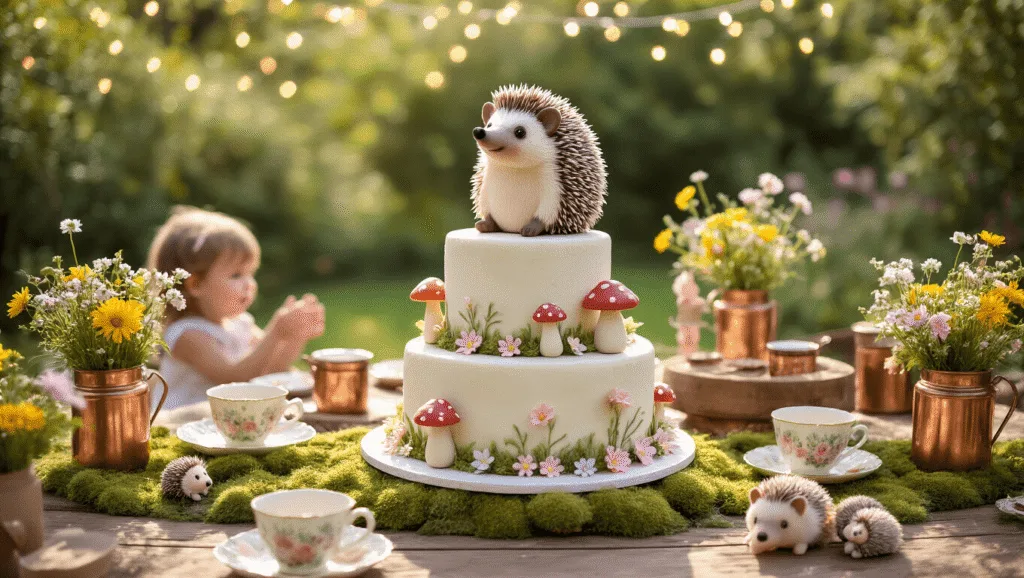 A whimsical garden party featuring rustic wooden tables with moss runners and pastel flower arrangements, under a magical canopy of fairy lights. The centerpiece is a tiered cake with a hedgehog topper, surrounded by vintage teacups filled with wildflowers. Children play with plush hedgehog toys, and a DIY hot chocolate bar adds charm, all captured in soft, golden hour lighting.