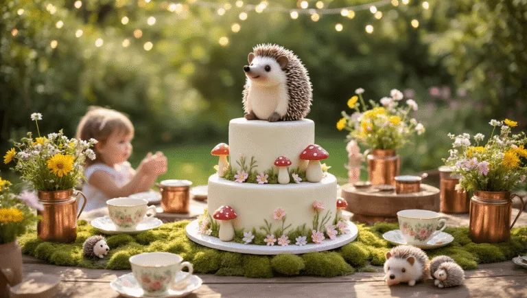 A whimsical garden party featuring rustic wooden tables with moss runners and pastel flower arrangements, under a magical canopy of fairy lights. The centerpiece is a tiered cake with a hedgehog topper, surrounded by vintage teacups filled with wildflowers. Children play with plush hedgehog toys, and a DIY hot chocolate bar adds charm, all captured in soft, golden hour lighting.