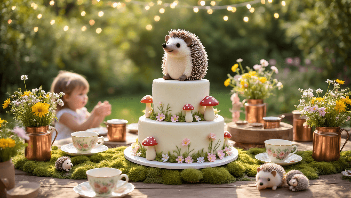 A whimsical garden party featuring rustic wooden tables with moss runners and pastel flower arrangements, under a magical canopy of fairy lights. The centerpiece is a tiered cake with a hedgehog topper, surrounded by vintage teacups filled with wildflowers. Children play with plush hedgehog toys, and a DIY hot chocolate bar adds charm, all captured in soft, golden hour lighting.