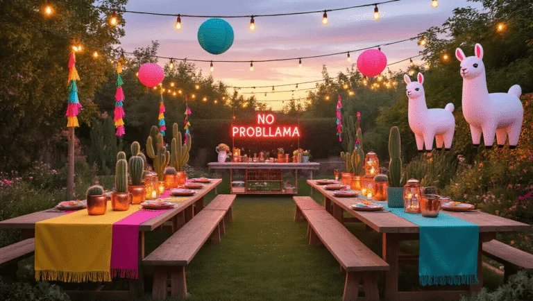 A whimsical garden party at twilight with vibrant llama-themed décor, featuring string lights, colorful table runners, cacti centerpieces, oversized llama balloons, and a DIY bar cart, all captured in a dreamy, photorealistic style.