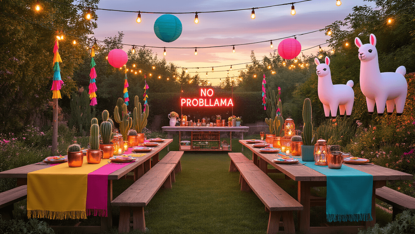A whimsical garden party at twilight with vibrant llama-themed décor, featuring string lights, colorful table runners, cacti centerpieces, oversized llama balloons, and a DIY bar cart, all captured in a dreamy, photorealistic style.