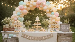 Dreamy backyard party setup with vintage farmhouse table, artisanal cookies on antique stands, glass milk bottles with wildflowers, whimsical pastel balloon arch, fairy lights, rustic signs, and a DIY photo booth, all bathed in warm golden hour light.