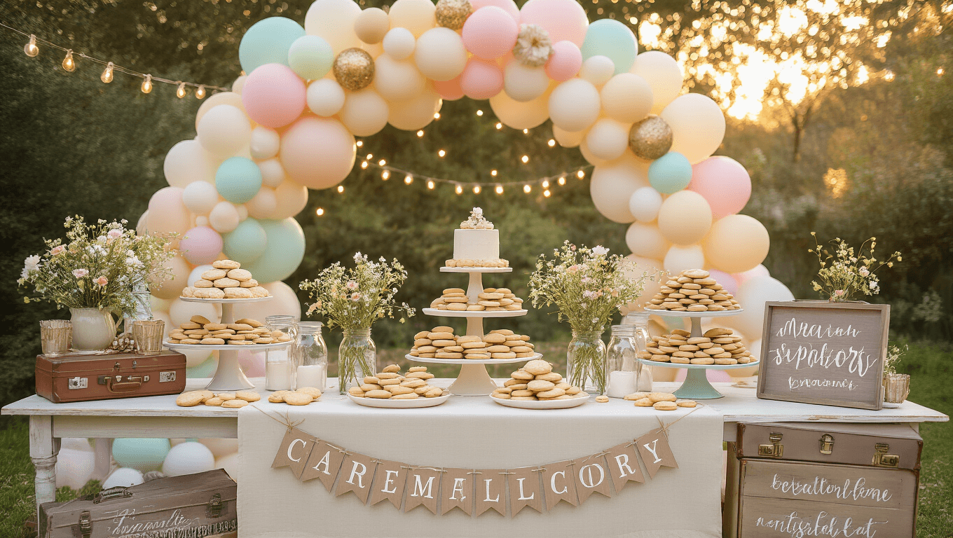 Dreamy backyard party setup with vintage farmhouse table, artisanal cookies on antique stands, glass milk bottles with wildflowers, whimsical pastel balloon arch, fairy lights, rustic signs, and a DIY photo booth, all bathed in warm golden hour light.