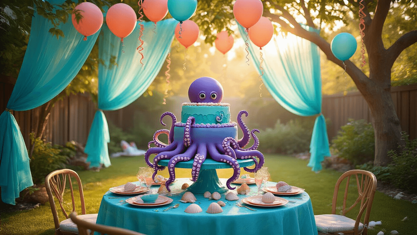 Photorealistic underwater-themed garden party with an aqua blue table centerpiece featuring an elaborate octopus cake, adorned with ombré balloon tentacles, flowing fabrics, seashells, and a glowing coral reef photo booth backdrop, all illuminated by soft golden hour lighting.