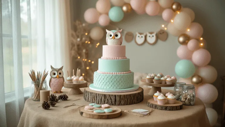 Whimsical woodland-themed birthday party setup in a living room, featuring a 3-tier owl-shaped cake, owl-topped cupcakes, DIY craft station, and decorative elements like a balloon arch and fairy lights, captured in soft natural afternoon light.